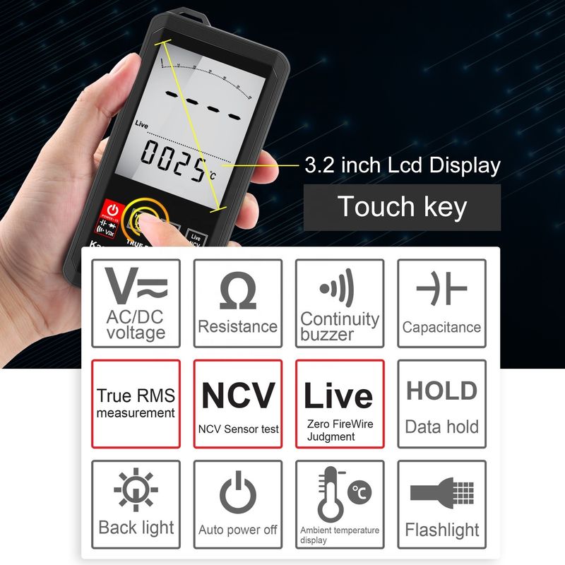 Großer Bildschirm Auto-Ranging Touch Digital Multimeter True RMS Digital Multimeter AC DC Spannung Mini Taschen Multimeter