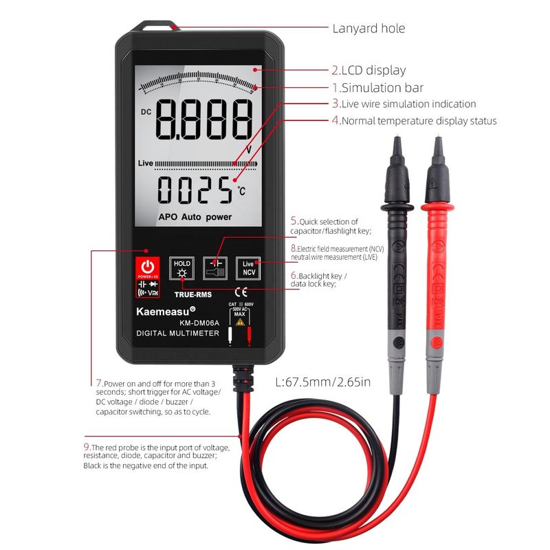 Großer Bildschirm Auto-Ranging Touch Digital Multimeter True RMS Digital Multimeter AC DC Spannung Mini Taschen Multimeter
